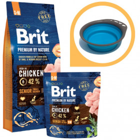 Суха храна за кучета BRIT PREMIUM SENIOR S/M  BY NATURE [ НОВА, ПОДОБРЕНА ФОРМУЛА ] с 42% прясно пилешко месо 15кг + подарък сгъваема купа